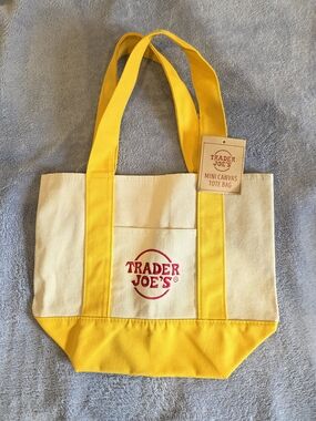 Trader Joe's Mini Canvas Tote Bag Yellow Beige Foldable Cotton Polyester